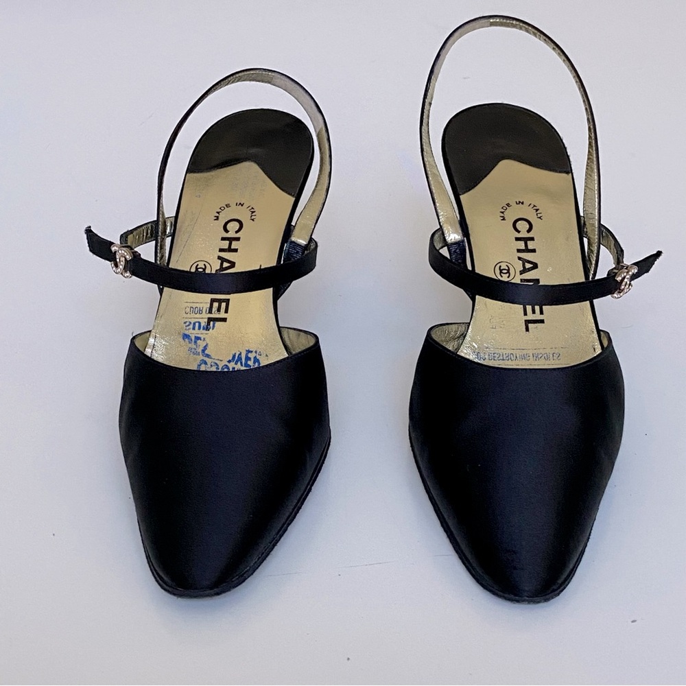 Chanel Satin Slingback Pumps with Rhinestone CC Clasp